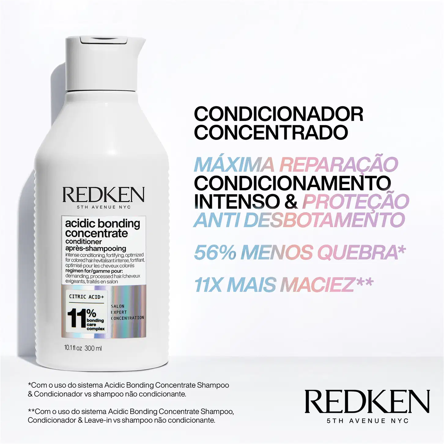 "Máxima Reparação", "Condicionamento Intenso & Proteção" e "Anti Desbotamento". Menciona redução de 56% na quebra dos cabelos e 11 vezes mais maciez com o uso do sistema Acidic Bonding Concentrate.