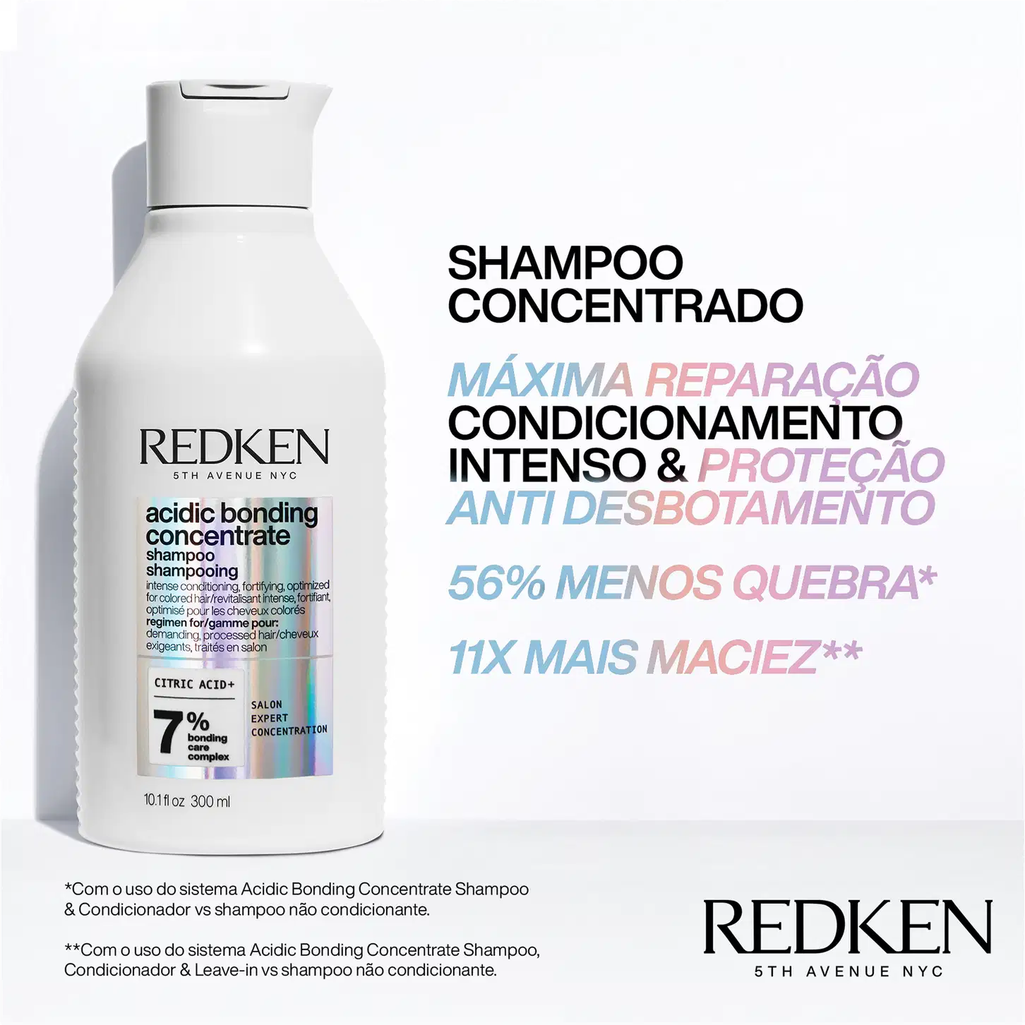"Máxima Reparação", "Condicionamento Intenso & Proteção" e "Anti Desbotamento". Menciona redução de 56% na quebra dos cabelos e 11 vezes mais maciez com o uso do sistema Acidic Bonding Concentrate.