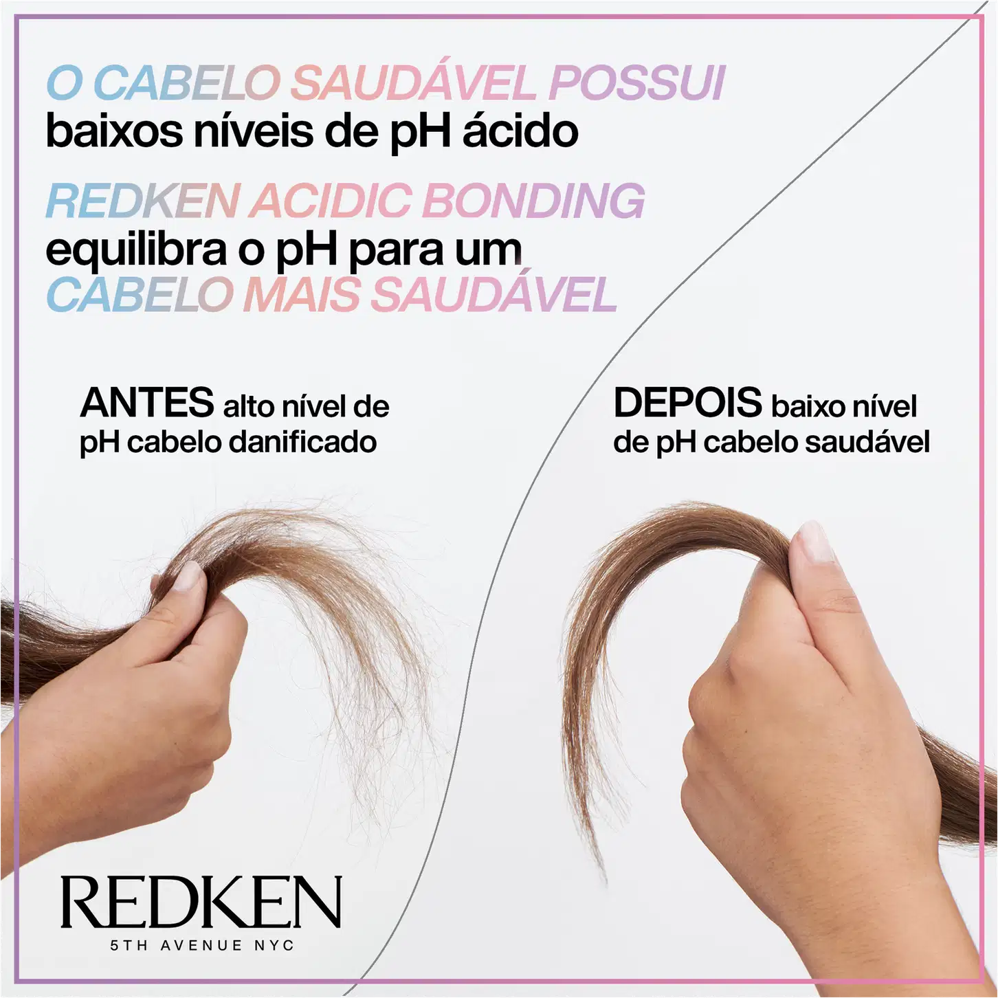 A imagem mostra duas mechas de cabelo sendo seguradas por mãos, uma com cabelo danificado e outra com cabelo saudável. O texto explica que o produto "Redken Acidic Bonding" equilibra o pH do cabelo, deixando-o mais saudável.