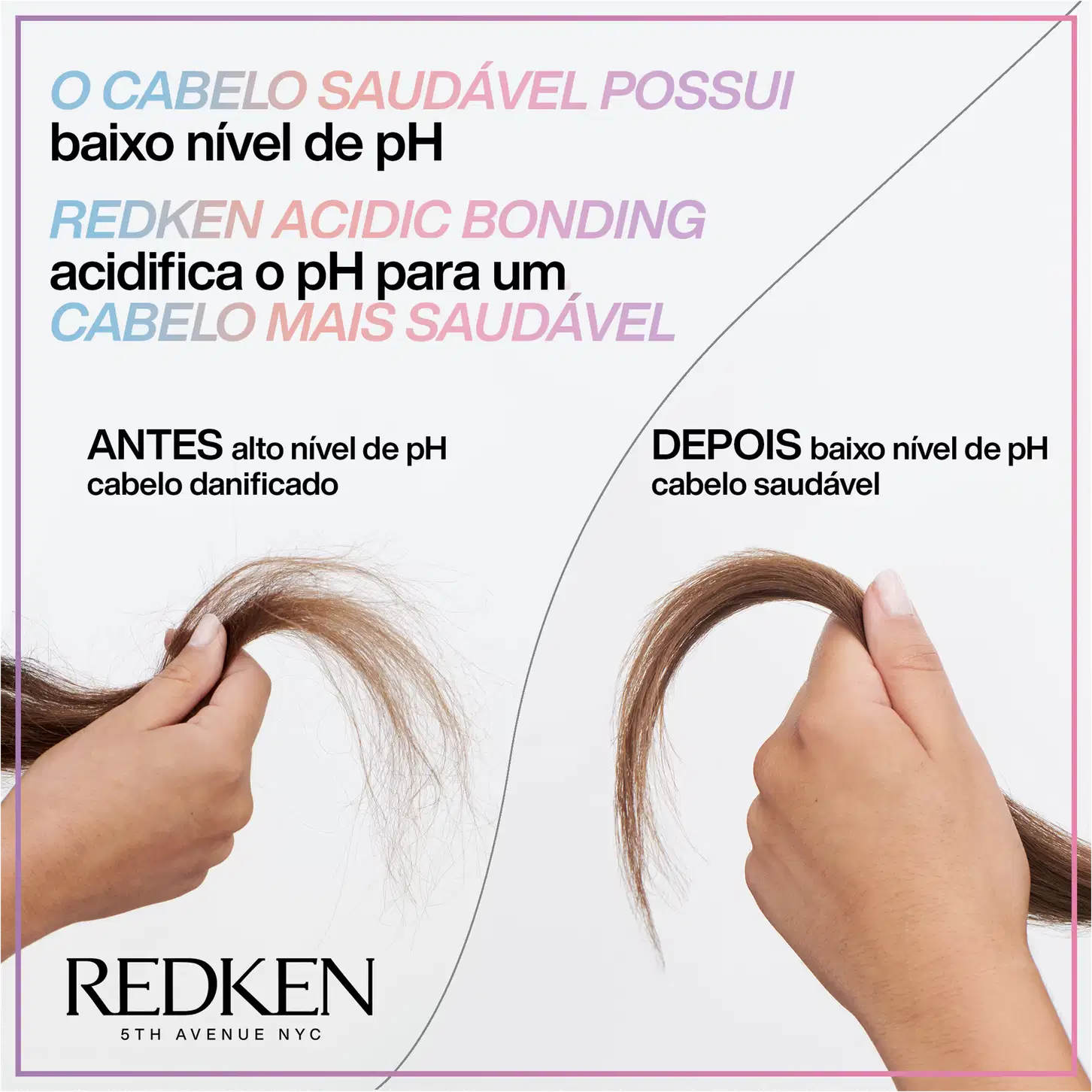 A imagem mostra duas mechas de cabelo sendo seguradas por mãos, uma com cabelo danificado e outra com cabelo saudável. O texto explica que o produto "Redken Acidic Bonding" equilibra o pH do cabelo, deixando-o mais saudável.