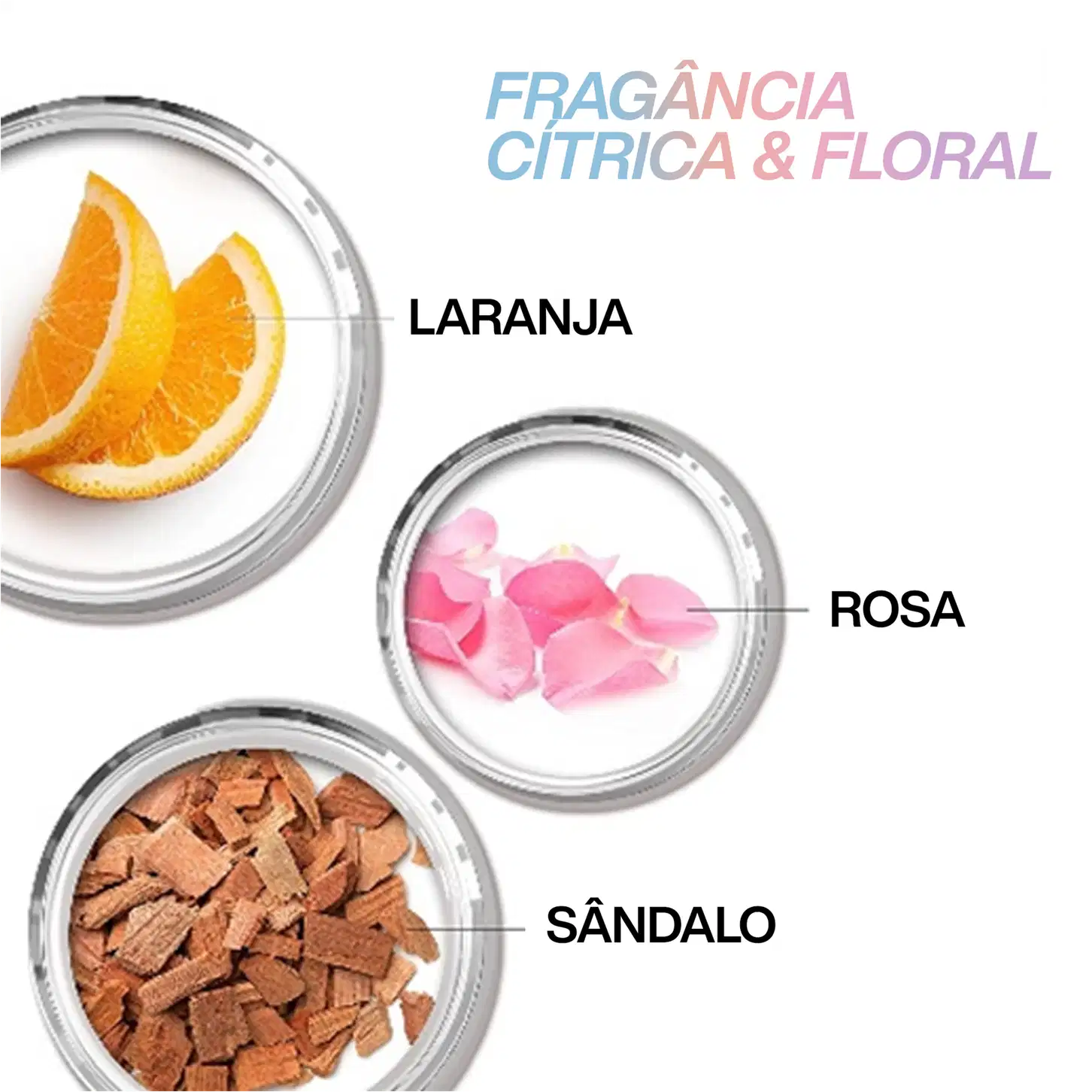 Fragrância cítrica e floral de laranja, rosa e sândalo.