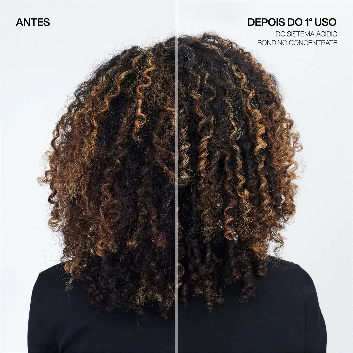 À esquerda, no "Antes", é exibido cabelo muito encaracolado e volumoso, com um aspecto seco e sem brilho. Na parte direita, rotulada como "Após Primeira Aplicação", o mesmo cabelo aparece mais definido, com cachos mais macios e brilhantes.