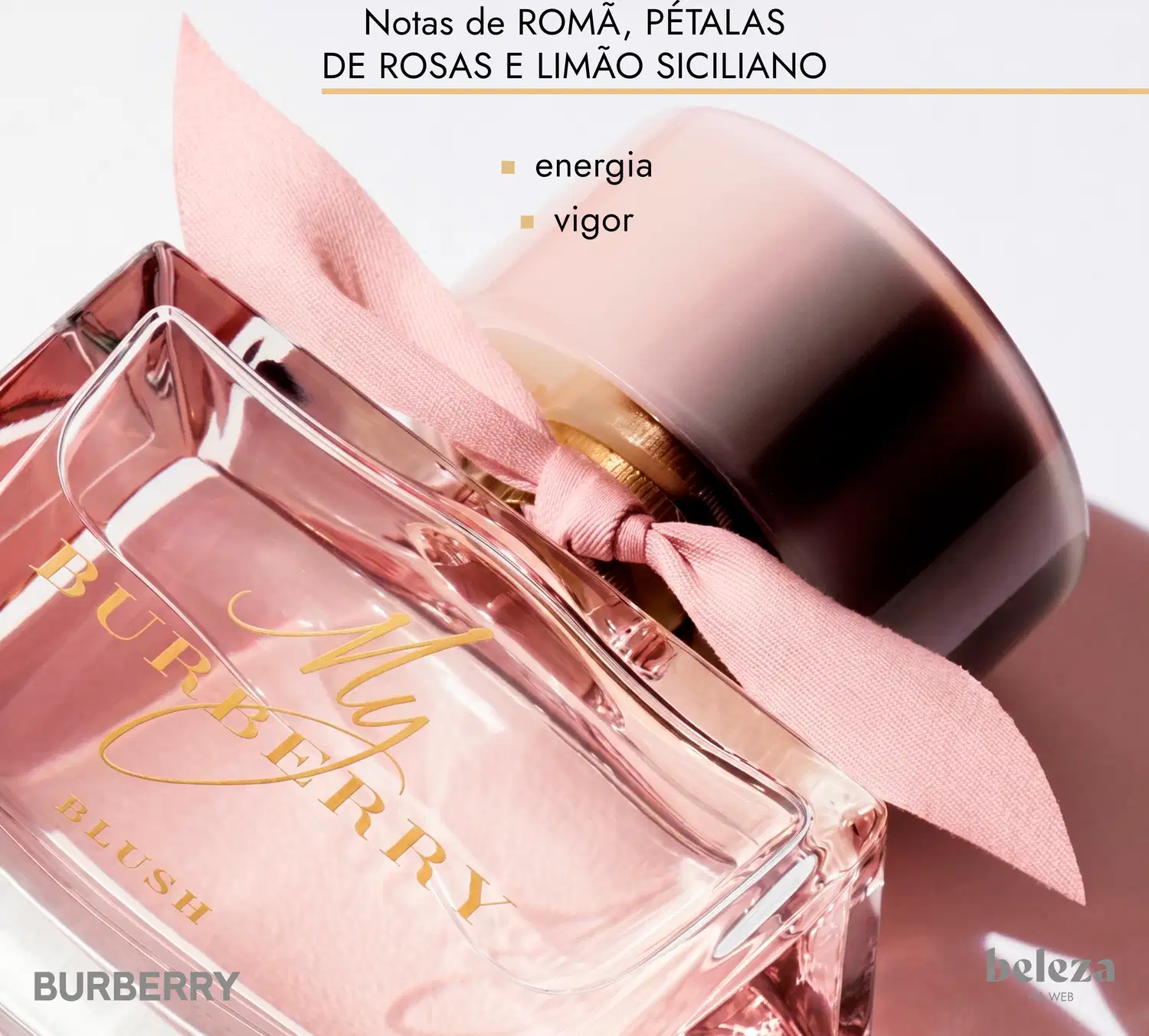 Embalagem de item de perfumaria da marca Burberry com notas de romã, pétalas de rosas e limão siciliano, indicando energia e vigor.