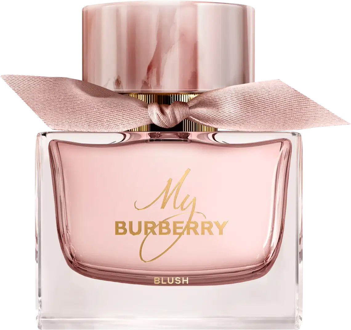 Frasco de perfume Burberry My Burberry Blush, com design elegante em tons de rosa, com laço rosa e rótulo dourado destacando o nome da fragrância.