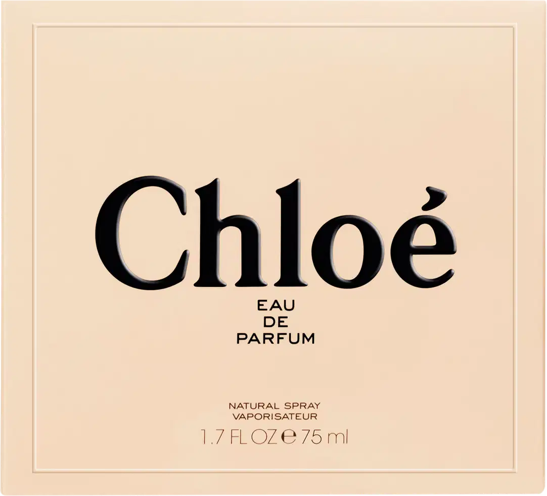 Frasco de perfume Chloé Eau de Parfum em embalagem bege com texto preto destacado. Produto de beleza com design elegante e minimalista, apresentado em recipiente retangular com tampa.