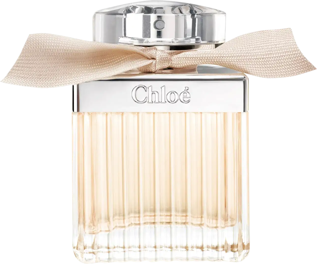 Frasco de perfume Chloé com tampa prateada e laço bege, apresentando o nome da marca em destaque. O design elegante e minimalista transmite sofisticação.