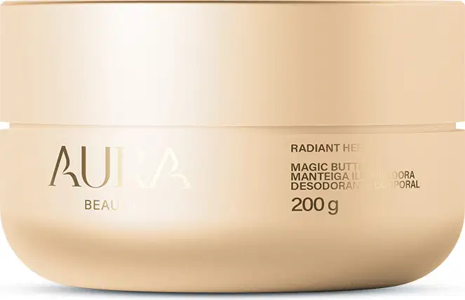 Pote de creme dourado da marca Aura Beauty, com rótulo destacando o nome do produto "Magic Butter" e informações sobre o conteúdo de 200g. Embalagem com design minimalista e elegante, em tons neutros.