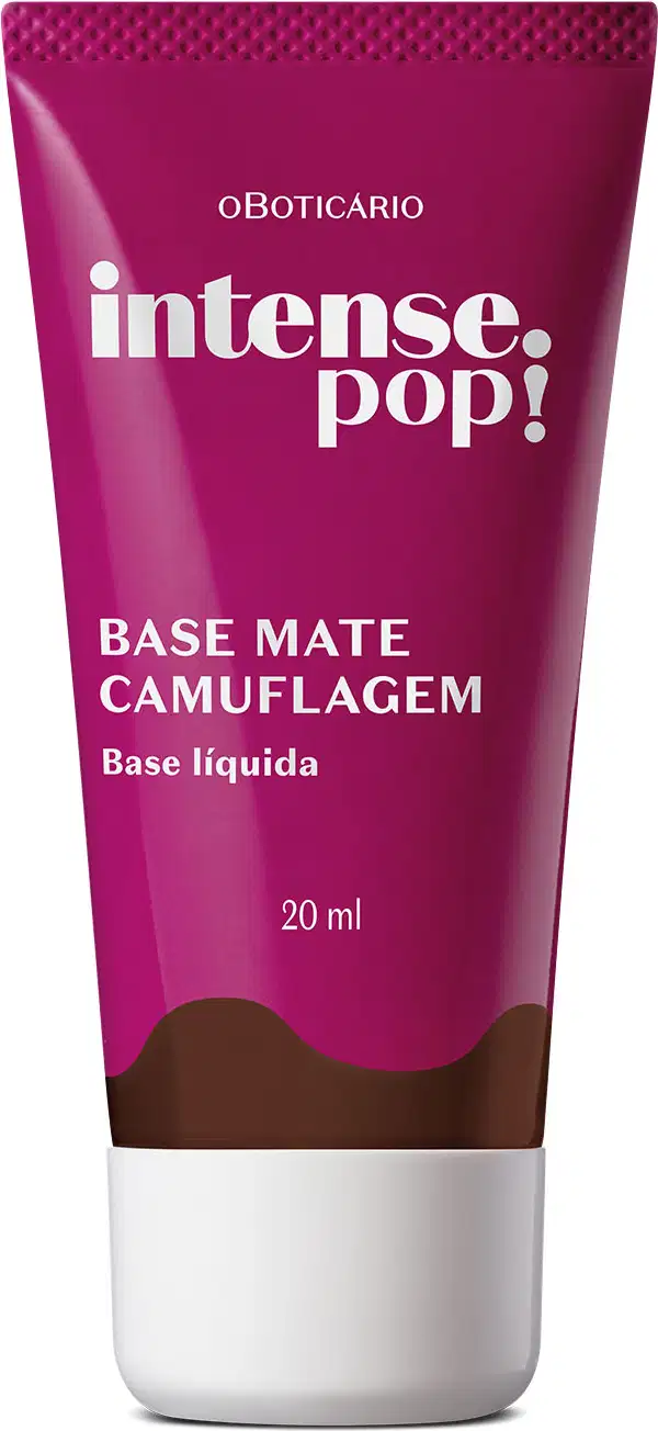 rasco em tons de roxo e marrom escuro com tampa e letras brancas contendo 20ml de base mate Camuflagem na cor 330 da marca Intense Pop!