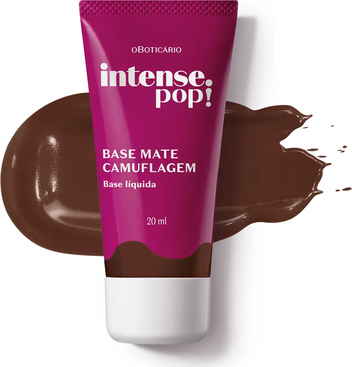 Frasco em tons de roxo e marrom escuro com tampa e letras brancas contendo 20ml de base mate Camuflagem na cor 330 da marca Intense Pop! Atrás da embalagem, uma porção de produto na cor marrom escura, mostrando a intensidade da base.