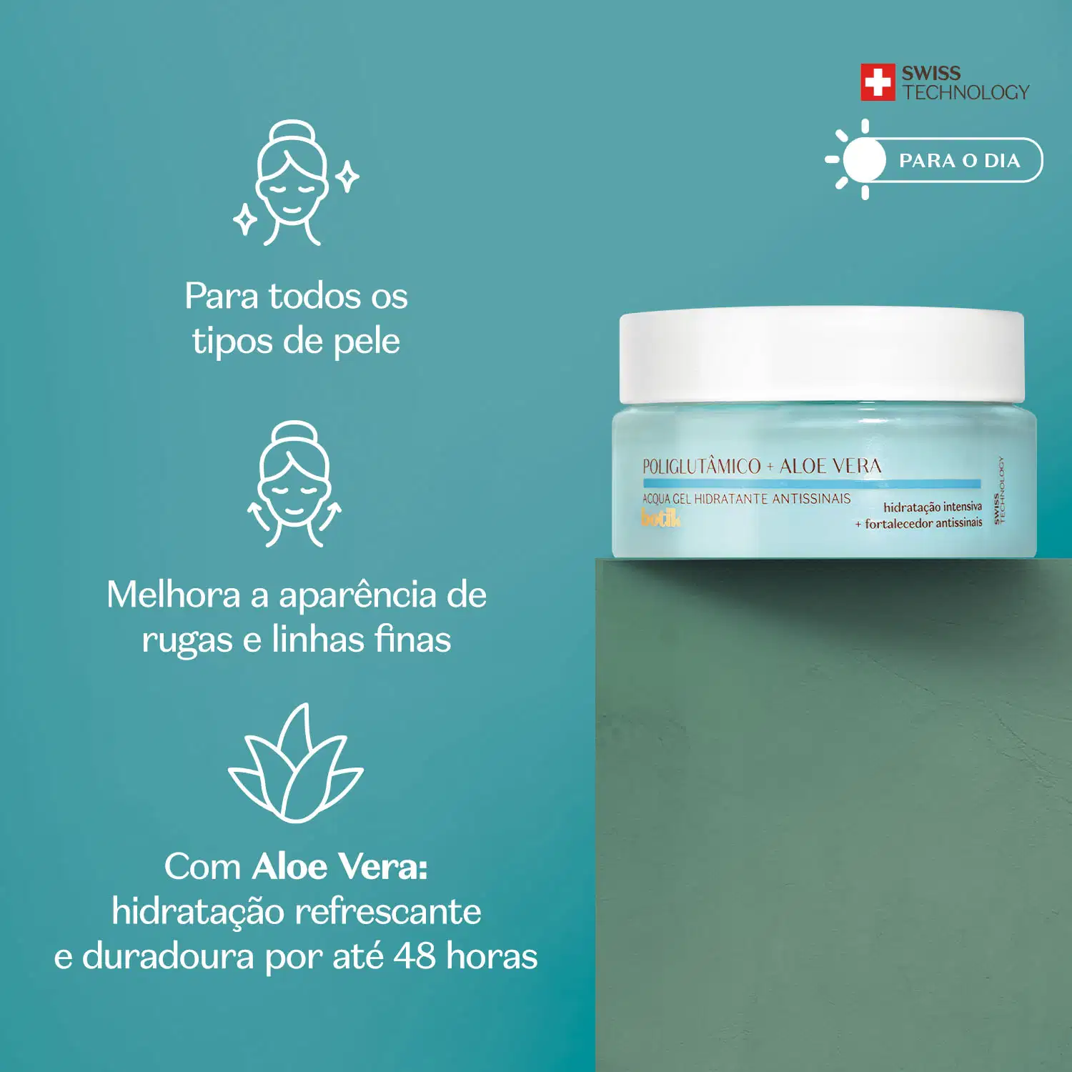 Pote azul com tampa branca, letras pretas e detalhe azul contendo 50g de acqua gel hidratante antissinais da marca Botik Ácido Poliglutâmico + Aloe Vera. Ao lado, indicações sobre os benefícios do produto.