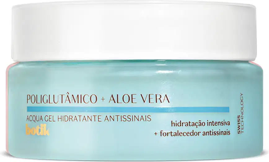 Pote azul com tampa branca, letras pretas e detalhe azul contendo 50g de acqua gel hidratante antissinais da marca Botik Ácido Poliglutâmico + Aloe Vera.