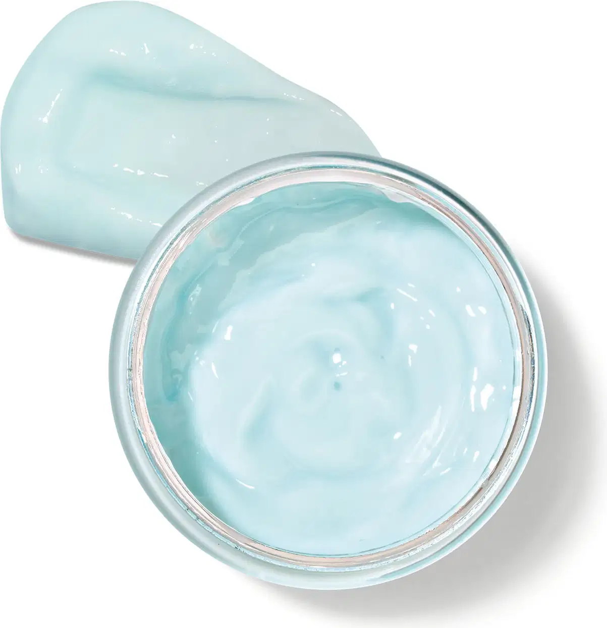 Pote transparente com gel de cor azul-esverdeada, posicionado sobre uma superfície clara.