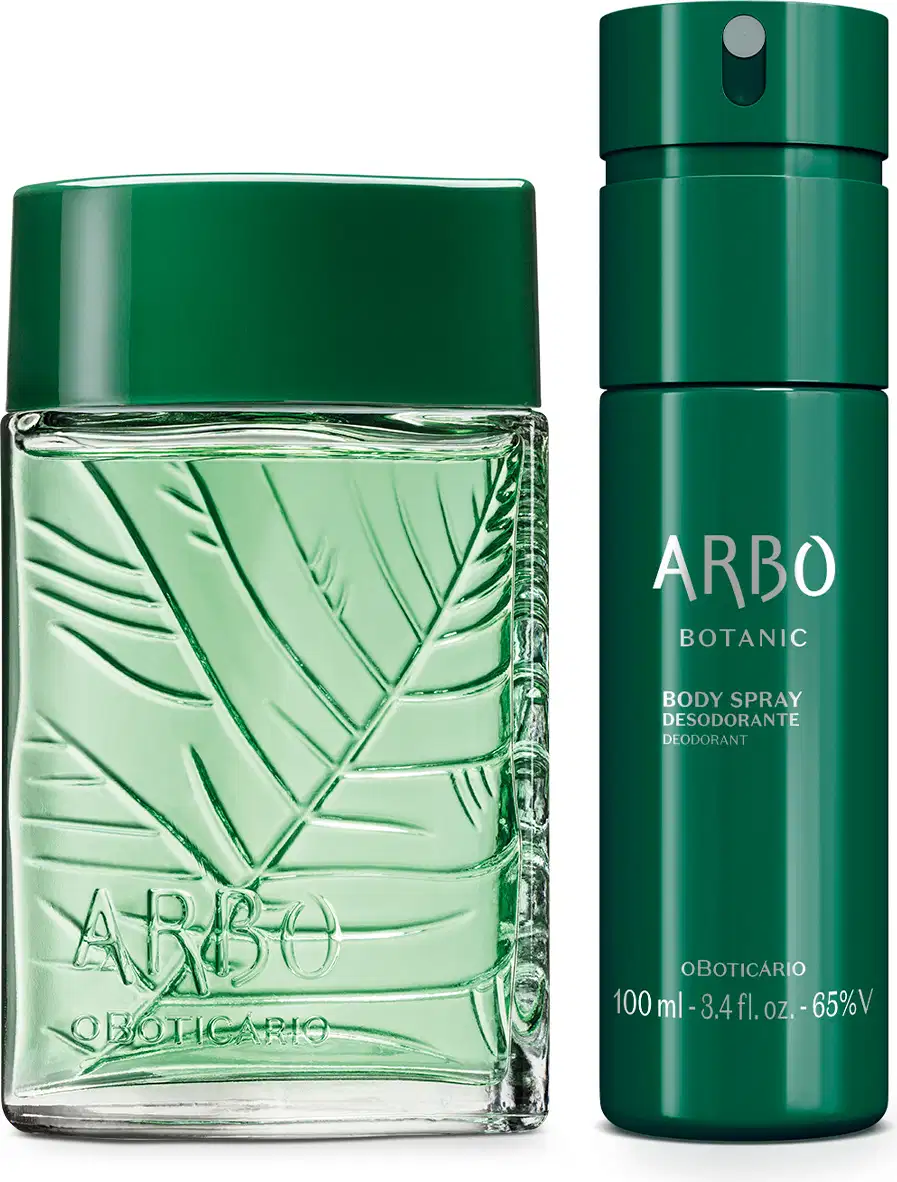 Dois itens Arbo Botanic com frasco de vidro quadrado contendo líquido verde claro com padrão de folhas em relevo e tampa verde, acompanhado de um frasco de body spray verde escuro com texto branco visível.
