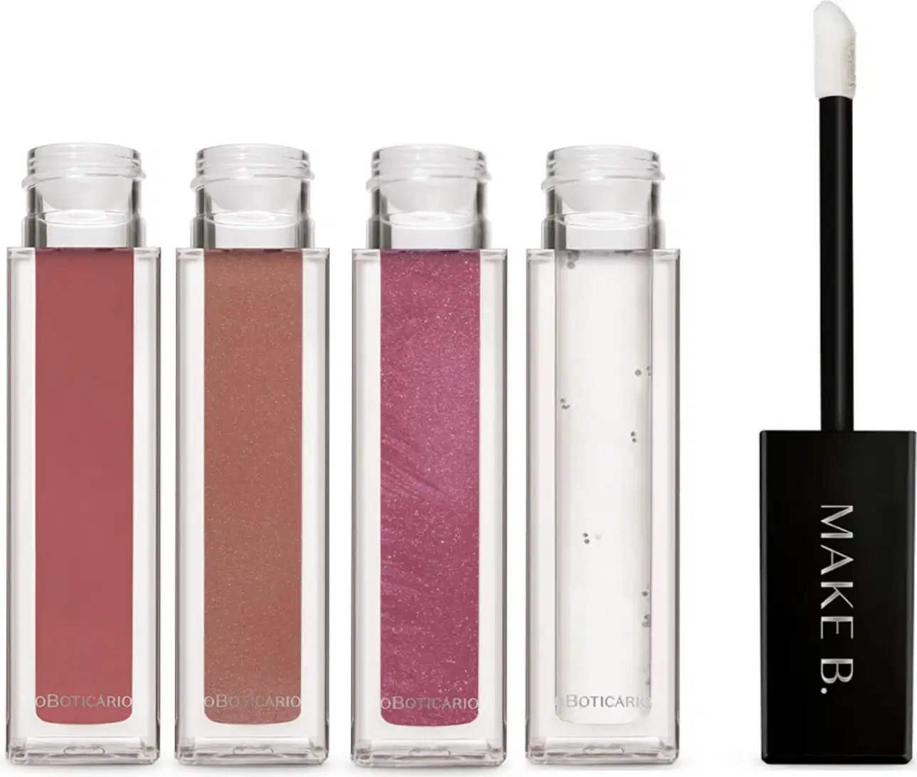 Quatro frascos de gloss labial da marca Make B em cores rosa, marrom e incolor, em tubo cilíndrico transparente, tapa com haste preta e ponta aplicadora branca.
