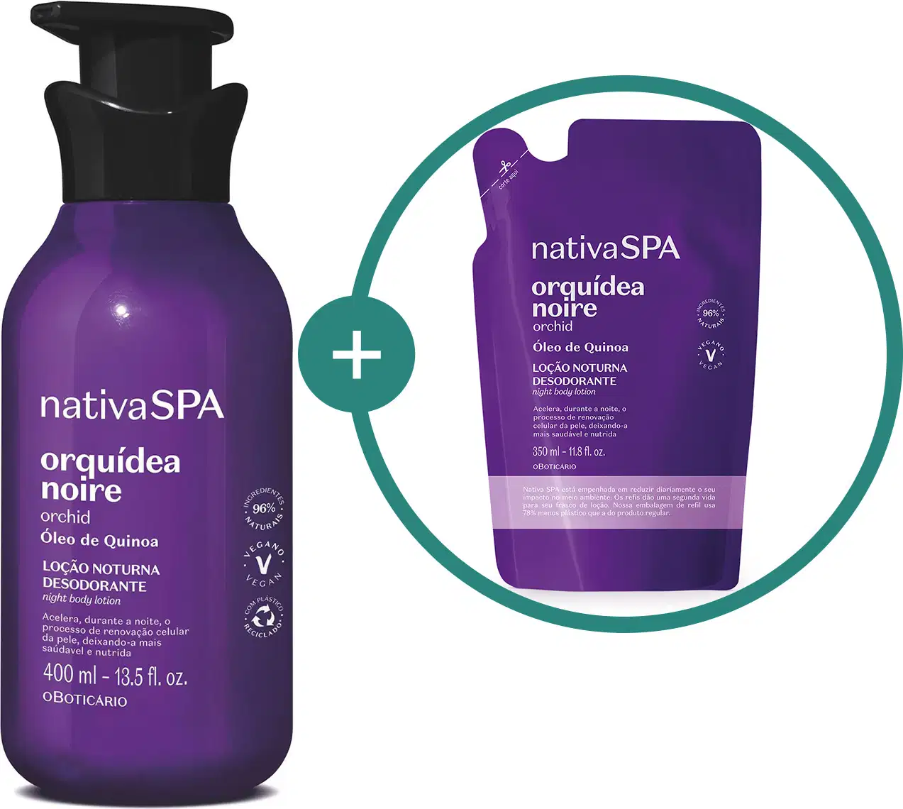 Duas embalagens contendo loção hidratante corporal da marca Nativa SPA Orquídea Noire em roxo, preto, lilás e branco, sendo um frasco de 400ml com bomba dosadora e um refil em sachê de 350ml.