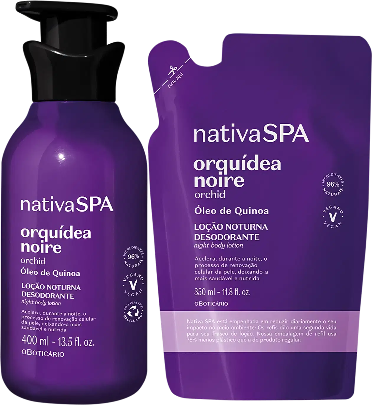 Duas embalagens contendo loção hidratante corporal da marca Nativa SPA Orquídea Noire em roxo, preto, lilás e branco, sendo um frasco de 400ml com bomba dosadora e um refil em sachê de 350ml.