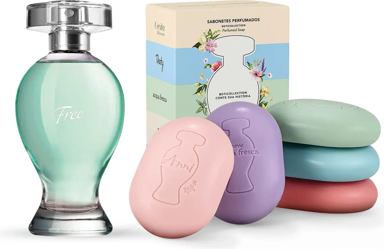 Dois itens Boticollection: caixa colorida com flores e logo da marca O Boticário, contendo cinco sabonetes em barra em cores variadas e um frasco curvilíneo com líquido azul, borrifador prateado e tampa cristal de desodorante colônia Free.