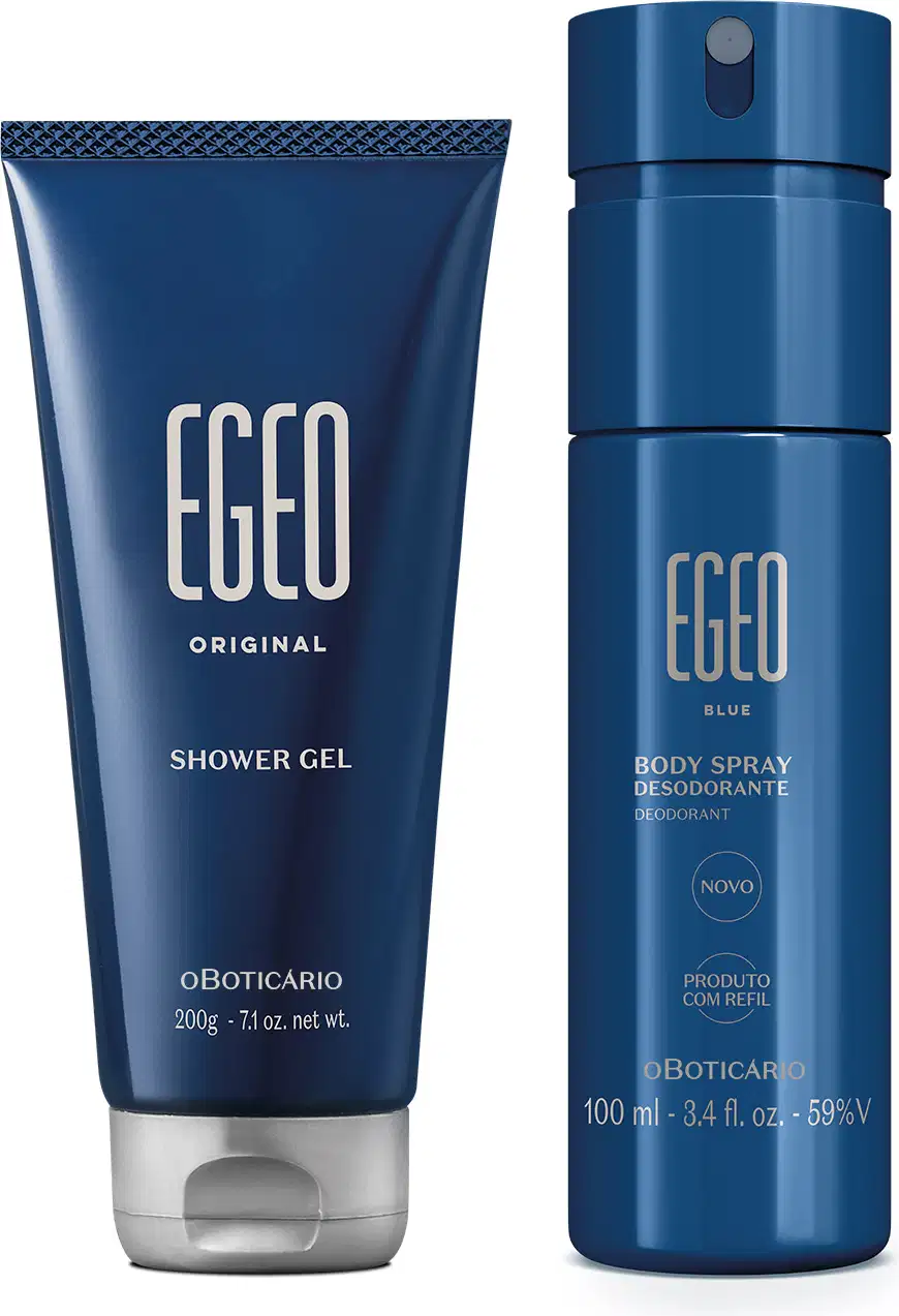 Dois itens da marca Egeo em embalagens azuis com letras cinzas, sendo uma bisnaga de shower gel e um frasco de body spray da linha Blue.