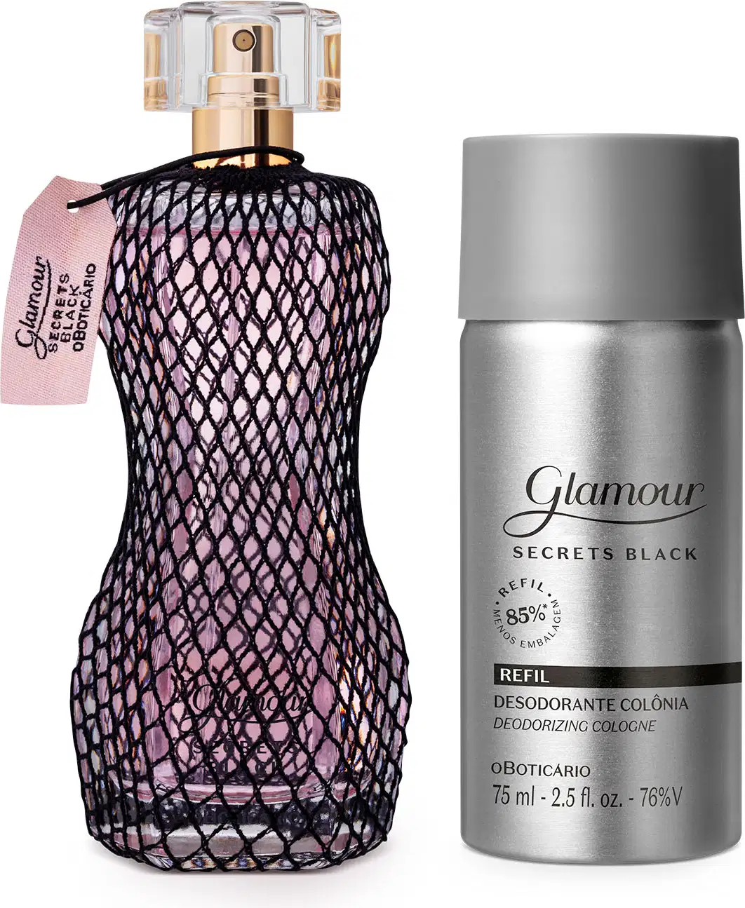 Duas embalagens de desodorante colônia Glamour Secrets Black, sendo um vidro curvilíneo com renda preta em volta e borrifador dourado e o refil em frasco prateado com letras pretas.