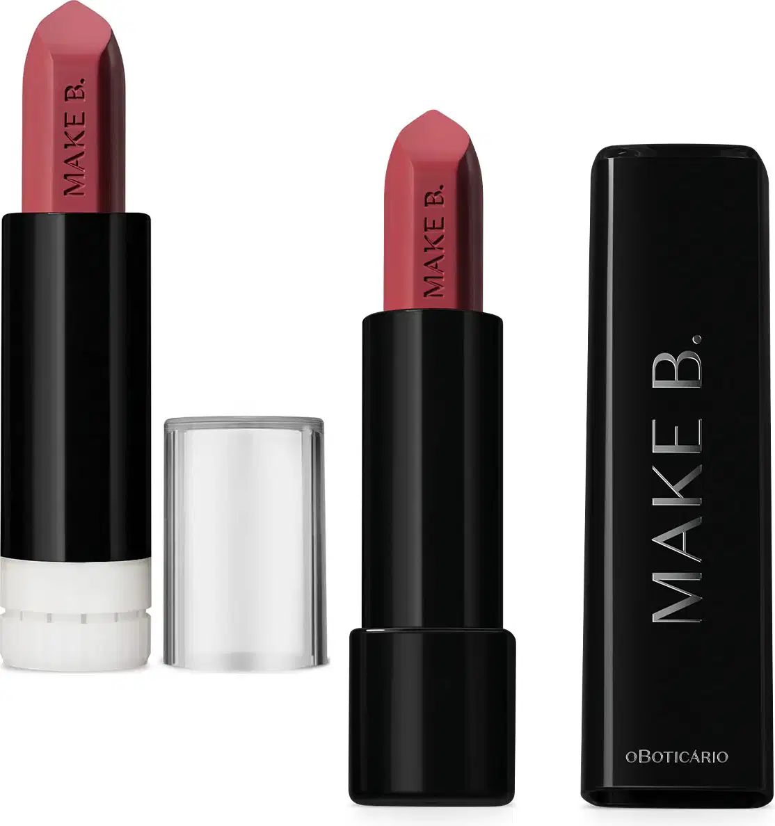 Duas embalagens contendo batom mate Rosa Rose Fabulous da marca Make B., sendo o tubo original, todo preto com letras prateadas, e o tubo refil em preto e branco com tampa transparente.