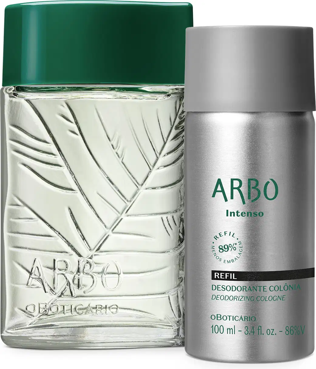 Dois itens da marca Arbo, sendo um vidro transparente verde com relevo de folhagens e tampa verde escura contendo 100ml de desodorante colônia e um refil em frasco prateado contendo 100ml de desodorante colônia da linha Intenso.