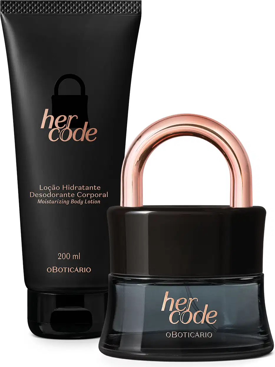 Dois itens da marca Her Code em embalagens pretas com letras douradas, sendo um vidro em formato de cadeado com arco dourado  contendo Eau de Parfum e uma bisnaga contendo loção hidratante corporal.