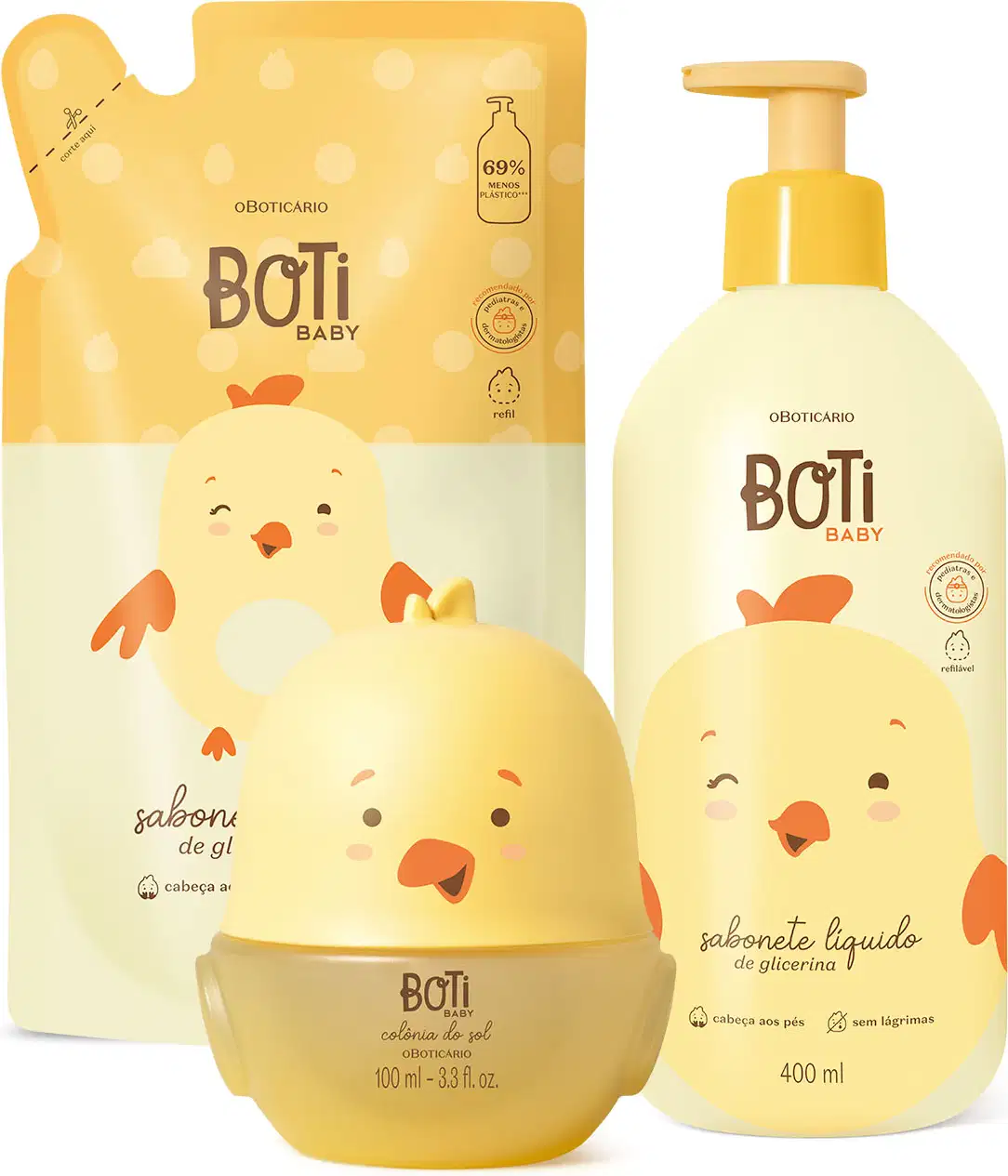 Dois itens Boti Baby em tons de bege e laranja com ilustração de passarinhos amarelos, sendo um frasco com bomba dosadora de sabonete líquido de glicerina e um refil em sachê, acompanhados de um frasco em forma de passarinho contendo colônia do sol.