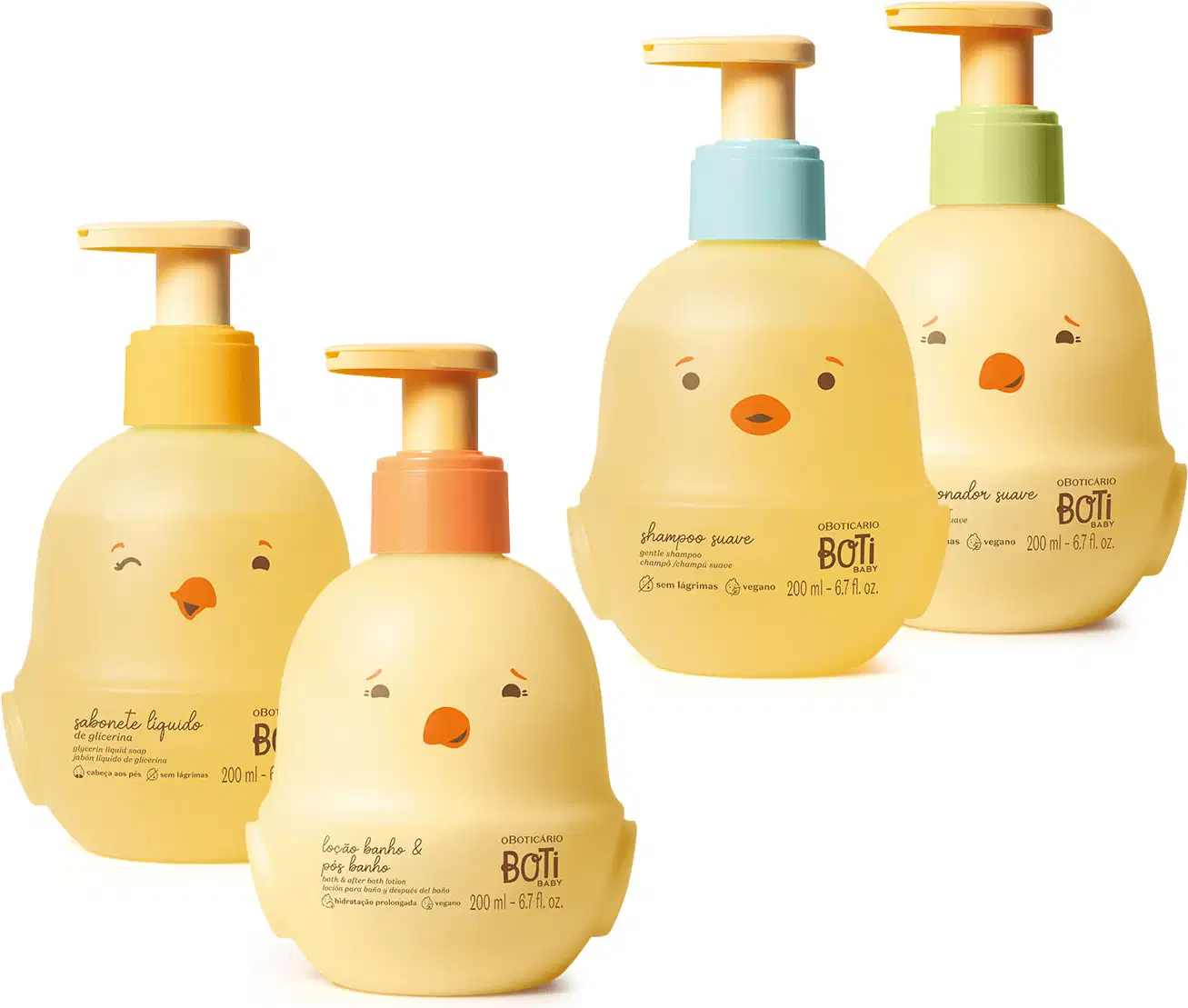Quatro frascos de 200ml em formato de passarinho amarelo com detalhes laranja e tampas dosadoras amarelas, sendo uma de sabonete líquido de glicerina, uma de loção banho e pós banho, uma de shampoo suave e uma de condicionador suave.