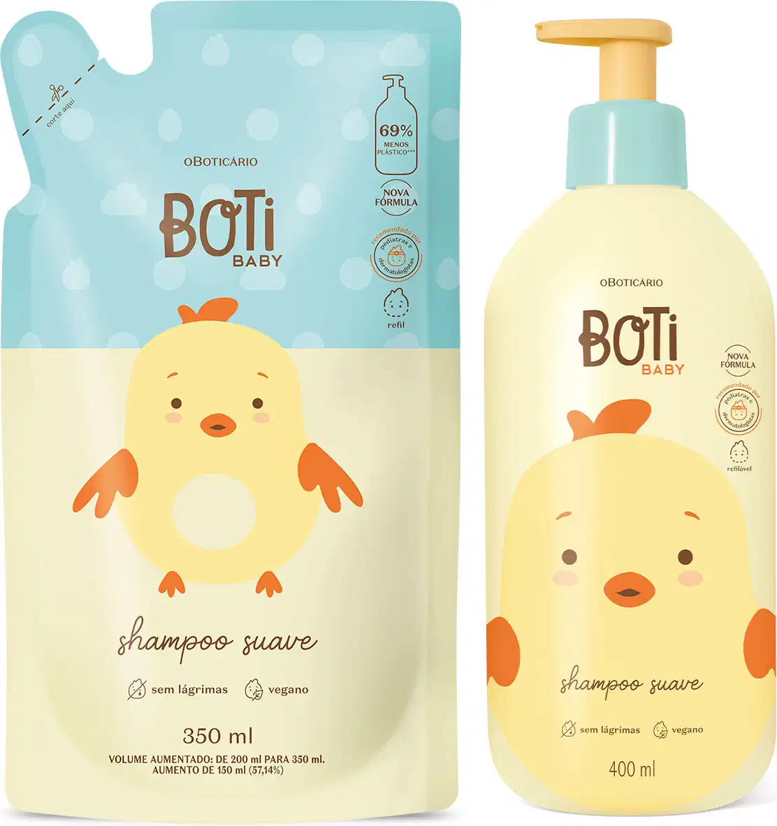 Dois itens Boti Baby em embalagens em tons de amarelo, azul e laranja com ilustração de passarinho amarelo, sendo um frasco com bomba dosadora de 400ml de shampoo e um refil em sachê de 350ml.