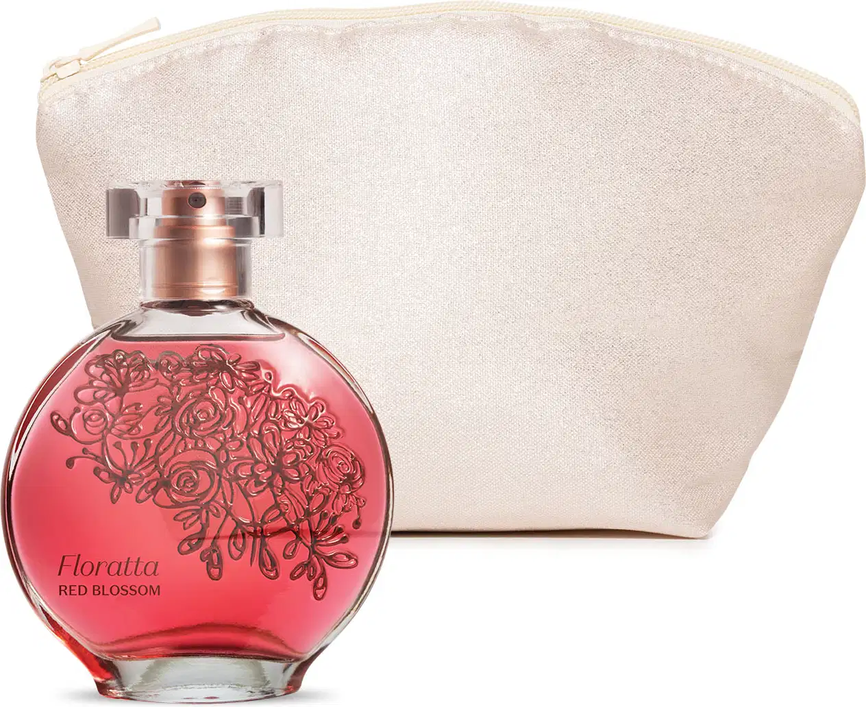 Vidro redondo com líquido vermelho, florais em relevo e letras vermelho escuro, pulverizador prateado e tampa transparente de desodorante colônia Floratta Red Blossom e um nécessaire retangular de tecido na cor bege.