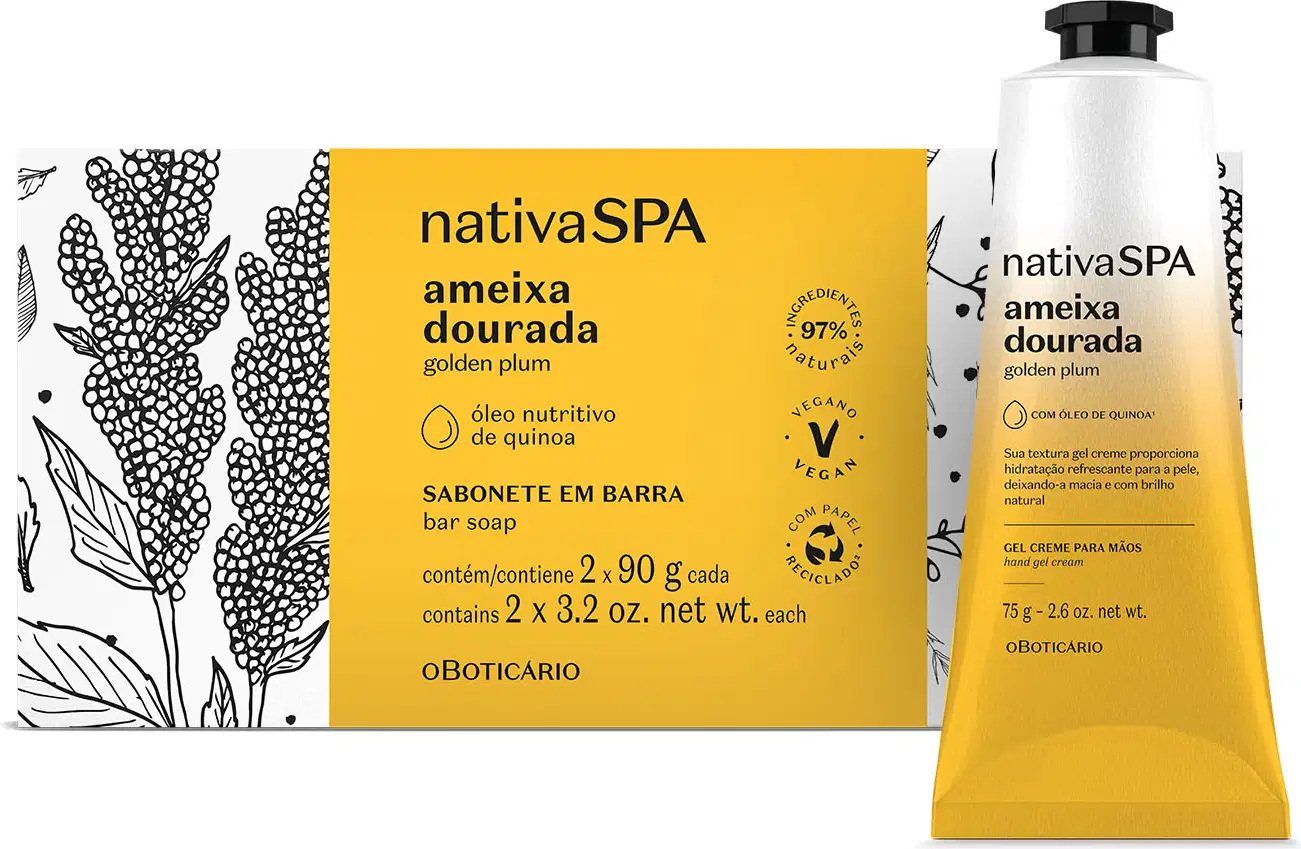 Dois itens da marca Nativa SPA Ameixa Dourada, sendo uma caixa branca com rotulo amarelo e detalhes pretos contendo dois sabonetes em barra de 90g cada e uma bisnaga com degradê de prata e amarelo com tampa preta de gel creme para as mãos.