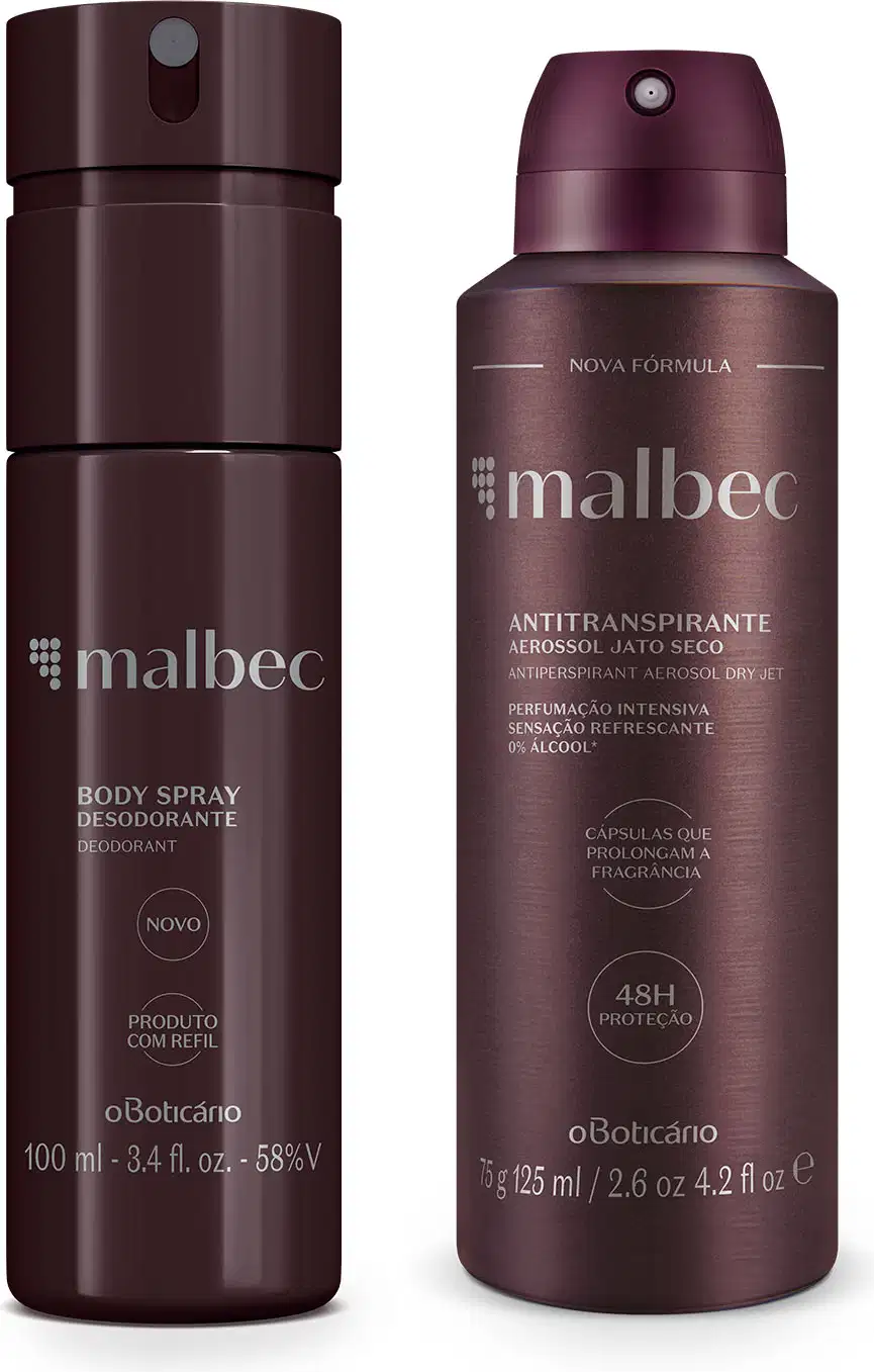 Dois frascos da marca Malbec na cor vinho com letras cinzas, sendo um frasco de body spray e outro frasco de desodorante antitranspirante aerossol.