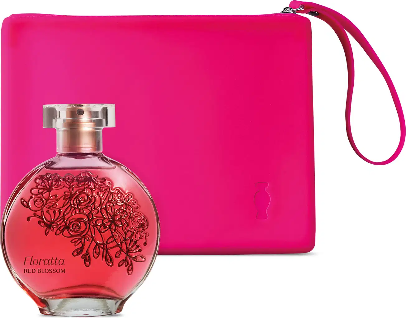 Vidro transparente com líquido vermelho claro, florais e letras vermelhas, pulverizador prateado e tampa transparente de desodorante colônia Floratta Red Blossom acompanhado de um nécessaire rosa com alça de transporte.