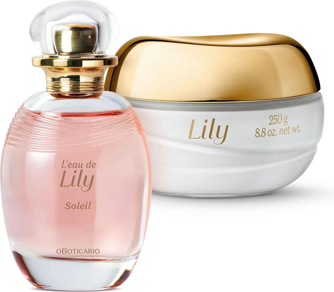 Vidro ovalado com líquido rosa, pulverizador dourado e tampa redonda transparente de desodorante colônia Lily Soleil e pote de vidro de conteúdo branco com tampa e letras douradas de creme acetinado hidratante da mesma marca.