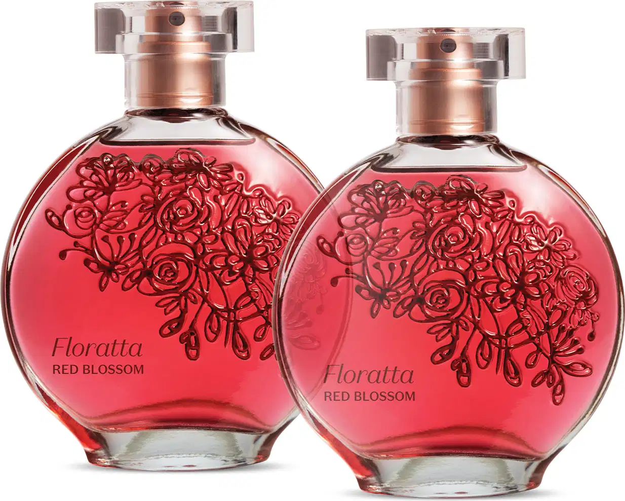 Dois frascos redondos com líquido vermelho, flores em relevo na cor vinho, pulverizador dourado e tampa transparente contendo, em cada um, 75ml de desodorante colônia Floratta Red Blossom.