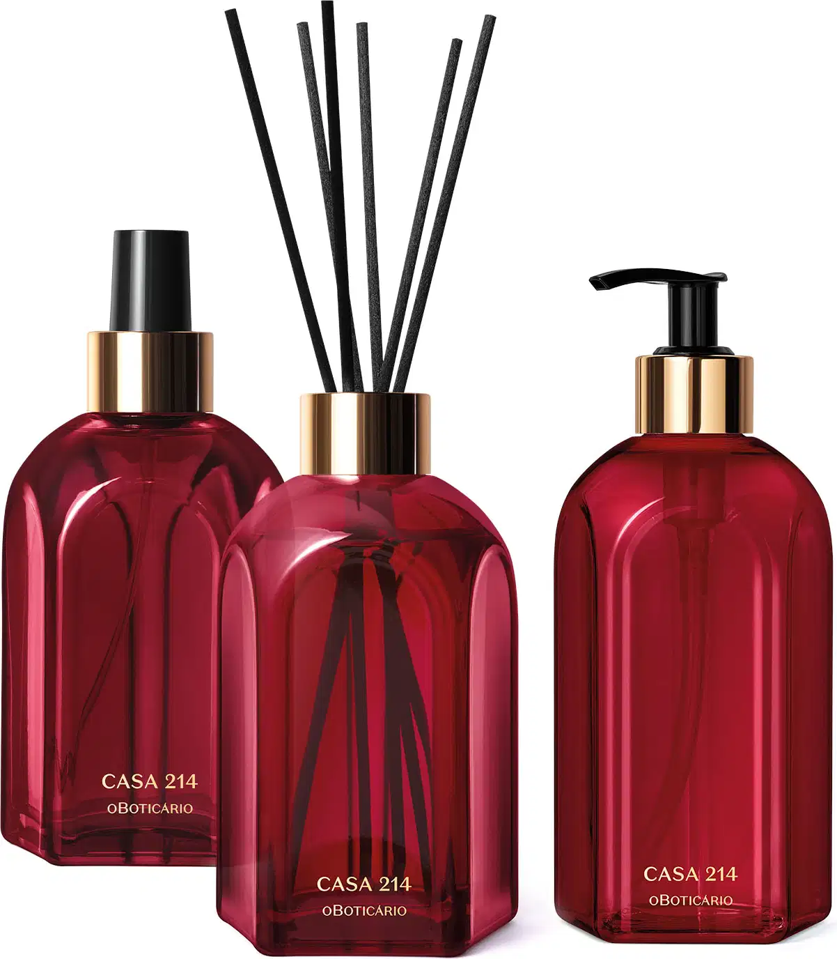 Três vidros vermelhos da marca Casa 214 Gardênia Imperial: um difusor de ambientes com varetas, um sabonete líquido com bico dosador preto e um aromatizador de ambientes com válvula spray preta.