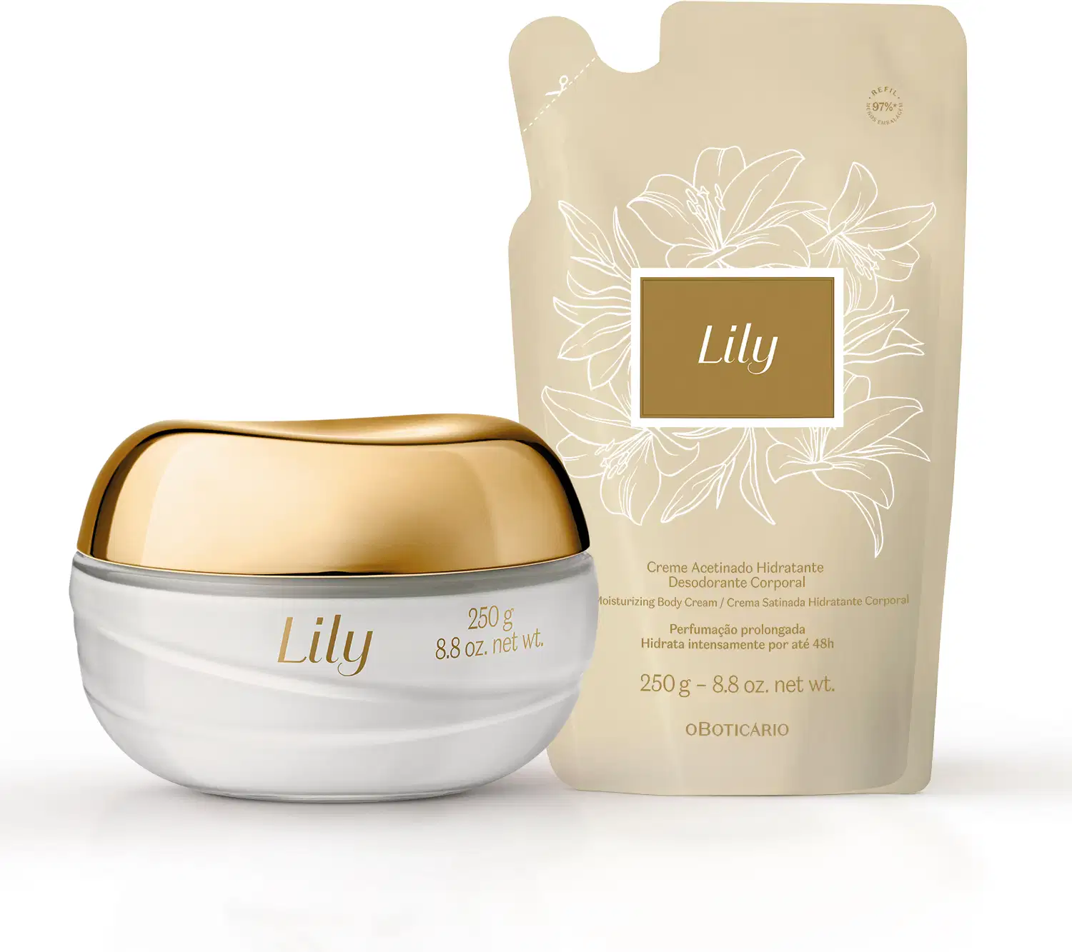 Duas embalagens contendo creme acetinado hidratante desodorante corporal Lily, sendo um pote branco com tampa e letras douradas e um refil em sachê bege com rótulo marrom e dourado.