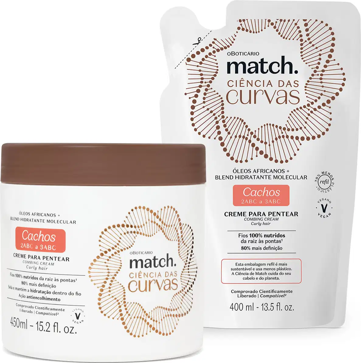 Duas embalagens contendo creme para pentear Match Ciência das Curvas nas cores branca, marrom e preta, sendo um pote de 450ml e um refil em sachê de 400ml.