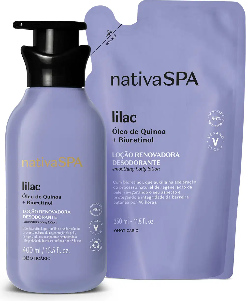 Duas embalagens na cor lilás com letras brancas e pretas contendo loção hidratante corporal da marca Nativa SPA Lilac, sendo um frasco com bomba dosadora preta e um refil em sachê.