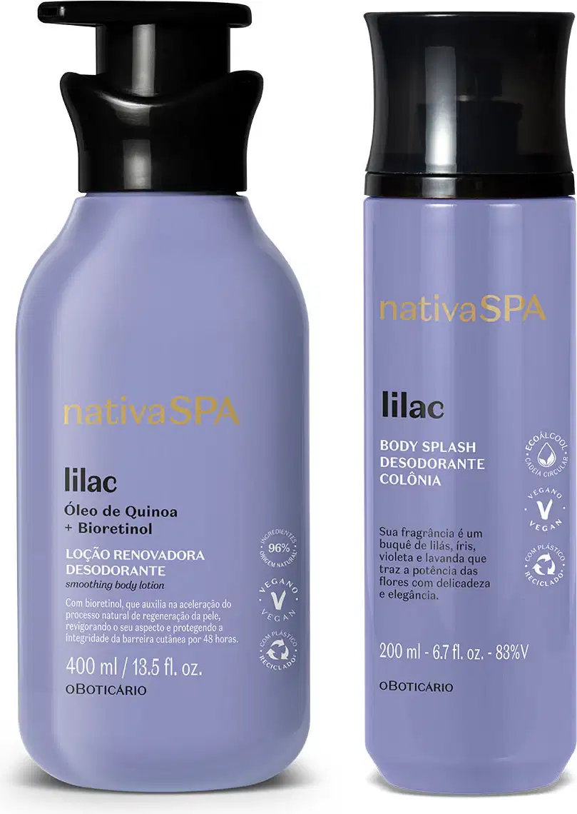 Dois frascos da marca Nativa SPA Lilac na cor lilás com tampa preta, sendo um com bomba dosadora de loção corporal e o outro com tampa spray de body splash.