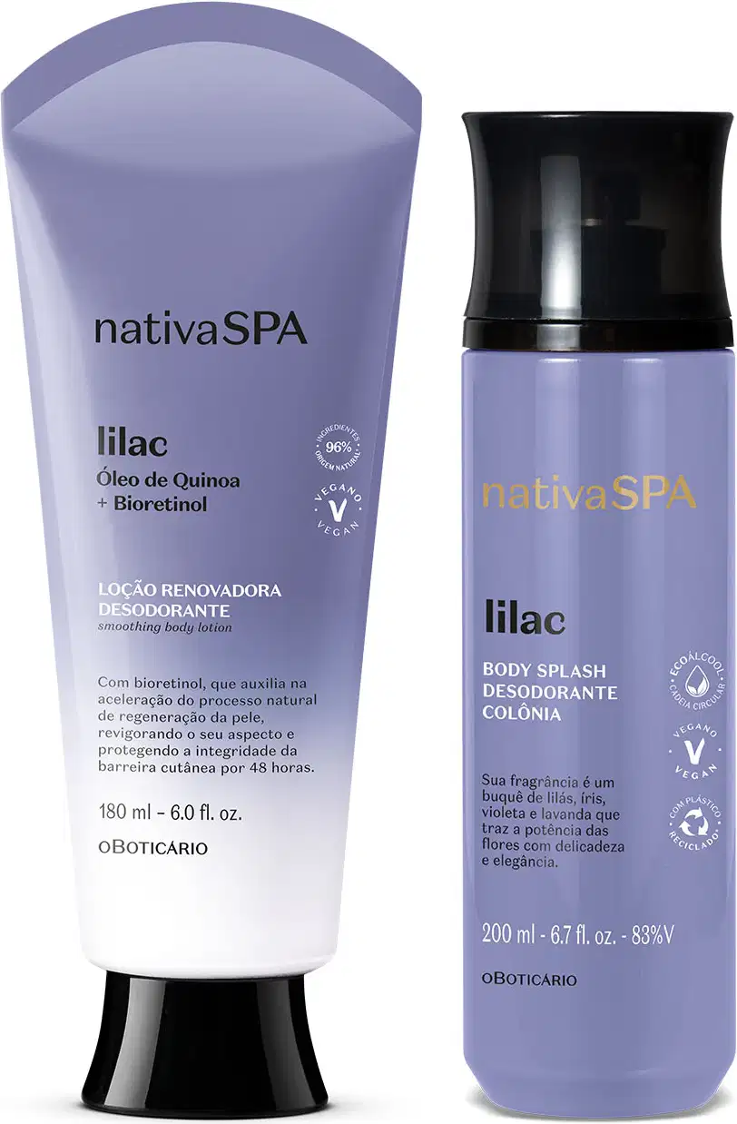 Frasco em degradê de lilás e branco com tampa e letras pretas de loção corporal e frasco lilás de tampa preta e letras brancas e pretas de body splash, ambos da marca Nativa Spa Lilac.