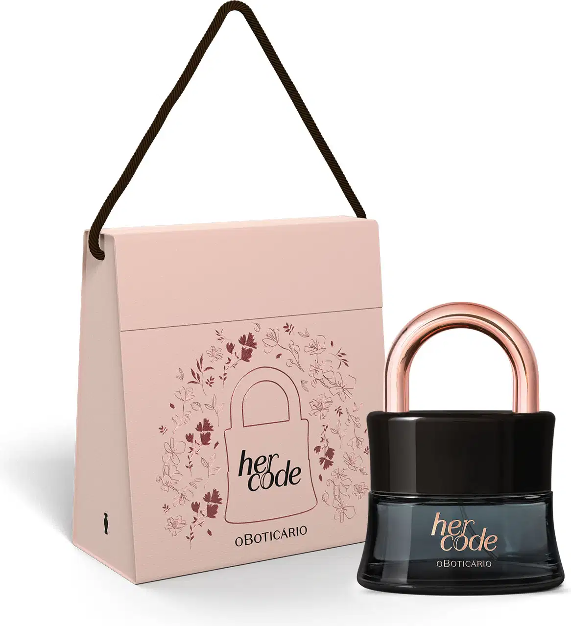 Sacola de presente na cor rosa com estampa e alças marrons e vidro preto em formato de cadeado com alça e letras douradas de Eau de Parfum Her Code.