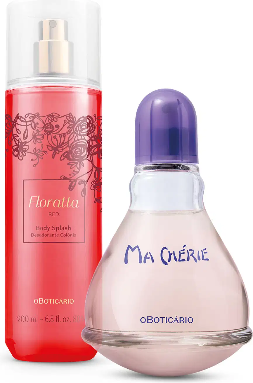 Frasco cilíndrico com líquido rosa, letras vinhos e douradas, pulverizador dourado e tampa branca transparente de body splash Floratta Red e vidro arredondado com líquido claro, tampa e letras azuis de desodorante colônia Ma Chérie.