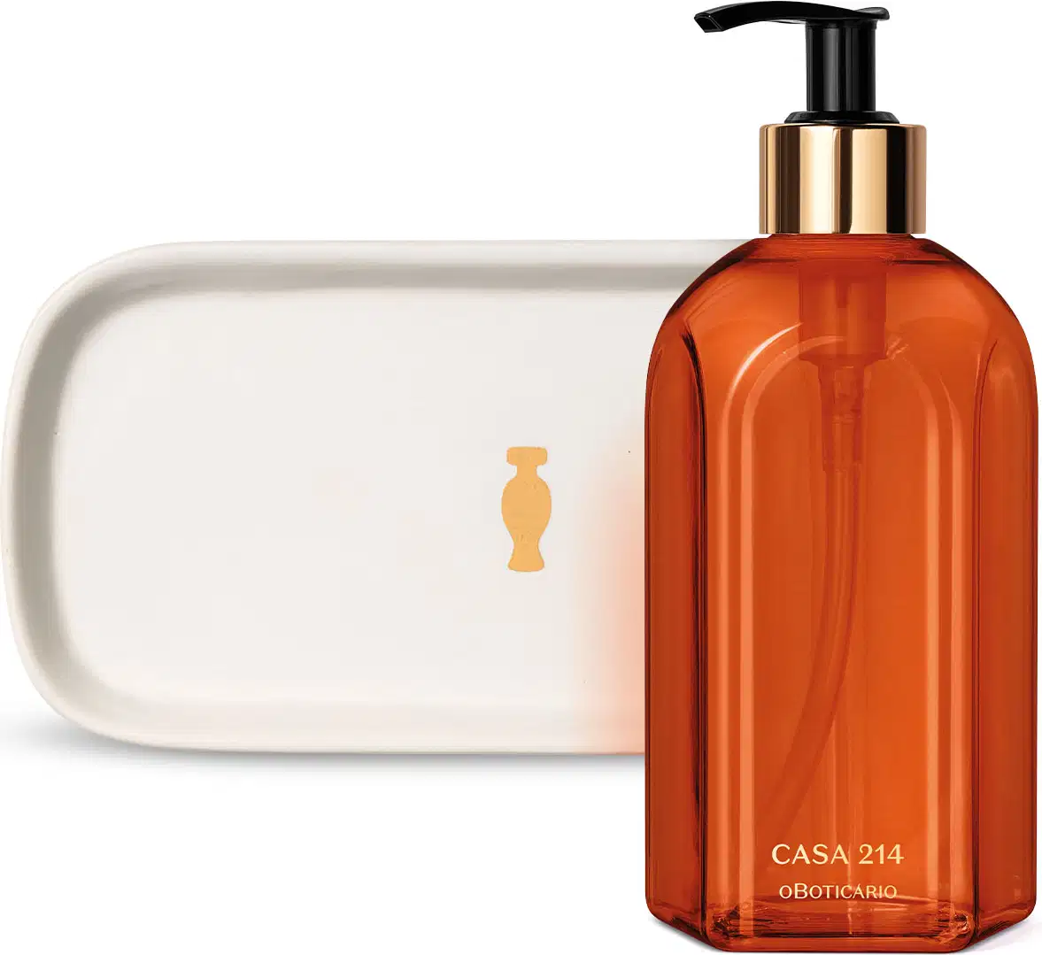 Vidro laranja com detalhe dourado e tampa dosadora preta contendo 400ml de sabonete líquido Casa 214 Vanilla Sublime e uma bandeja de lavabo branca com logo da marca O Boticário em dourado.