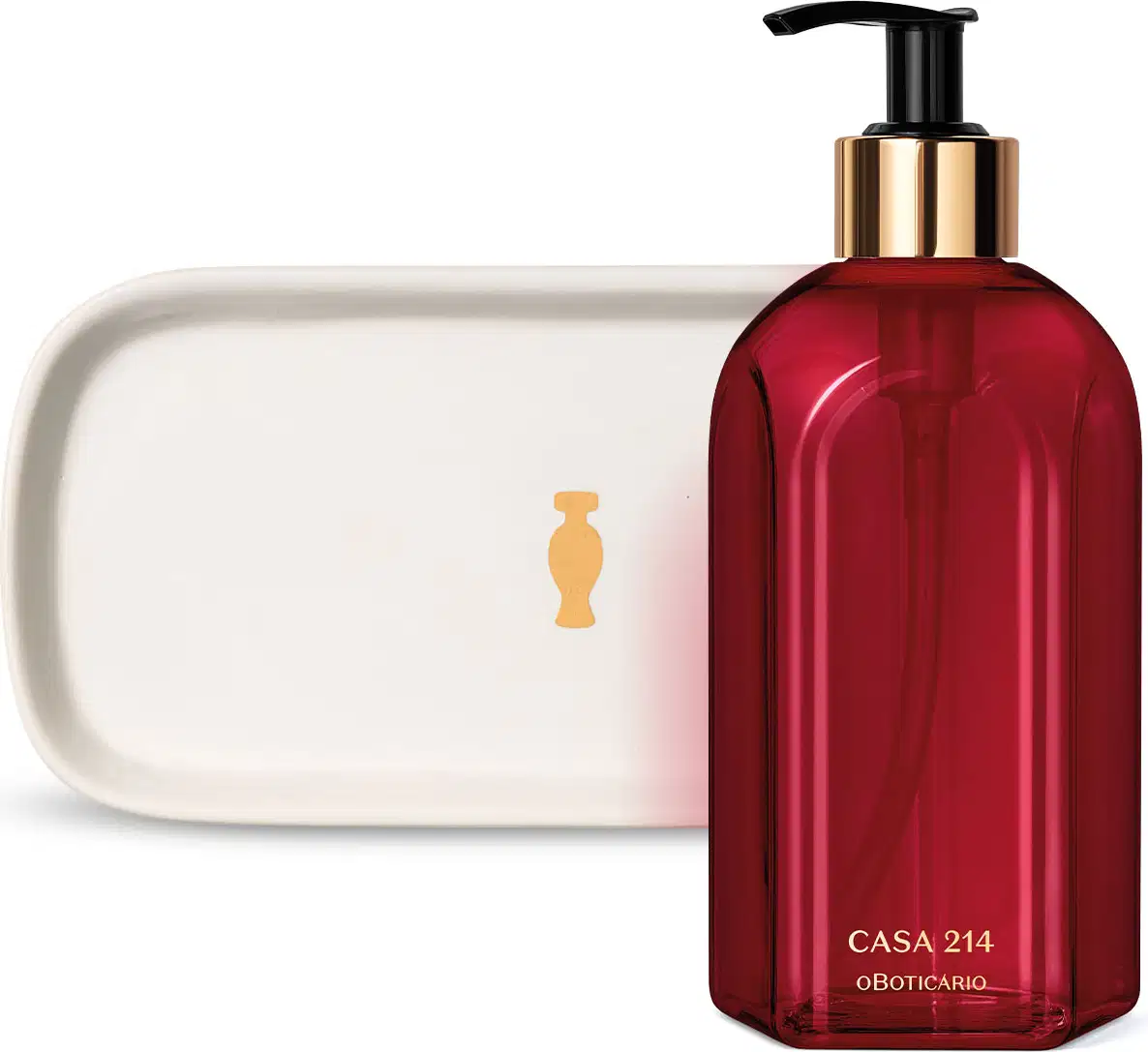 Vidro vermelho com detalhe dourado e tampa dosadora preta contendo 400ml de sabonete líquido Casa 214 Gardênia Imperial e uma bandeja de lavabo branca com logo da marca O Boticário em dourado.