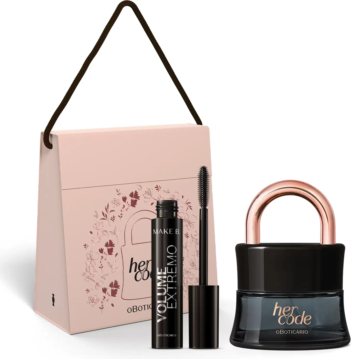 Dois itens da marca Her Code: sacola de presente rosa com ilustração em marrom e preto e vidro preto em formato de cadeado com arco e letras douradas de eau de parfum, acompanhado de uma máscara de cílios em tubo preto e prateado Make B. Volume Extremo.