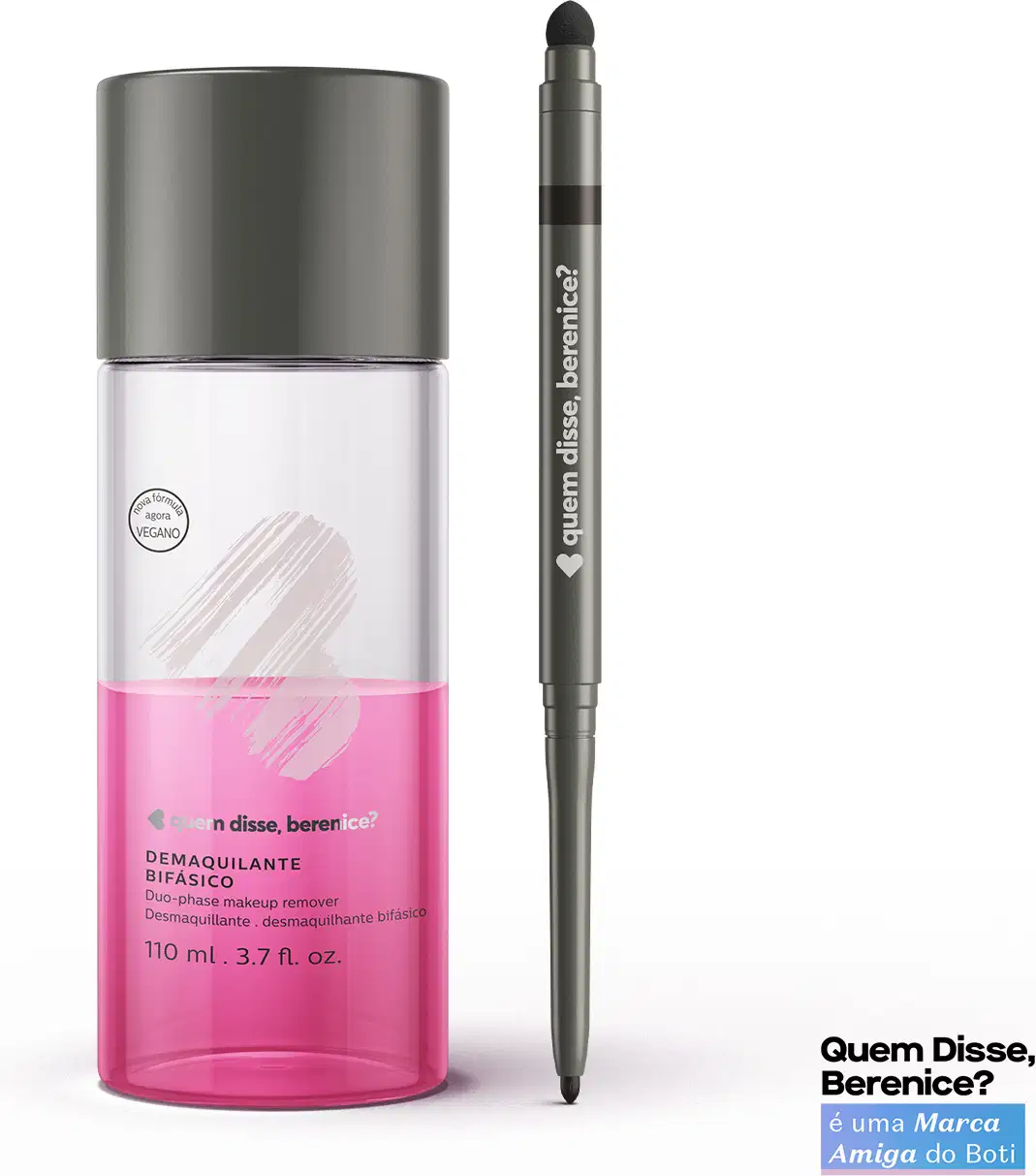 Dois itens da marca Quem Disse, Berenice?: demaquilante bifásico nas cores branco e rosa com tampa preta e letras pretas e lápis de olhos com esfumador na cor preta.