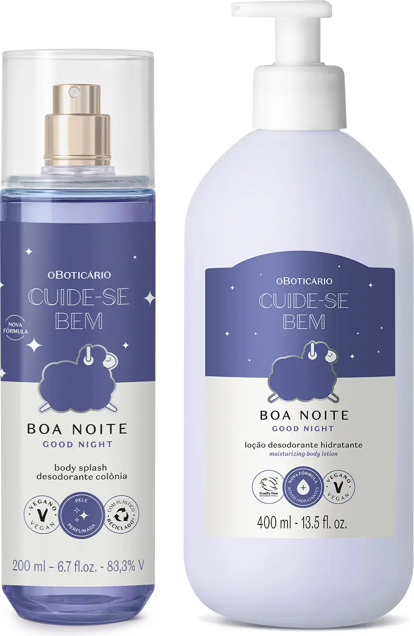 Dois itens Cuide-se Bem Boa Noite, com rótulo em azul escuro e branco e ovelhinha ilustrada: frasco com líquido azul e pulverizador prateado de body splash e frasco branco com bomba dosadora de loção hidratante corporal.