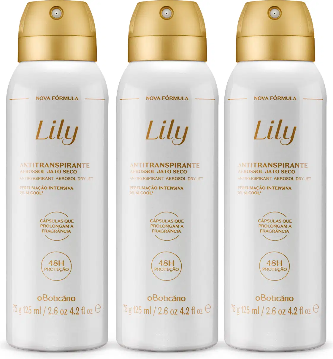 Três frascos brancos com letras e tampas douradas de desodorante antitranspirante aerossol Lily, contendo 125ml em cada um.