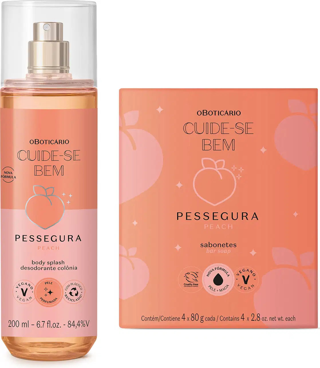 Dois itens Cuide-se Bem Pessegura em tons de rosa com pêssego ilustrado no rótulo, sendo um frasco transparente com líquido rosa e pulverizador prateado de body splash e caixa com quatro sabonetes em barra de 80g cada um.